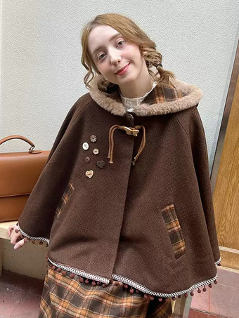 スイートロリータポンチョ ディープブラウン ポリエステル チェック柄 冬用ロリータアウター