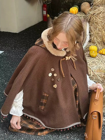 スイートロリータポンチョ ディープブラウン ポリエステル チェック柄 冬用ロリータアウター