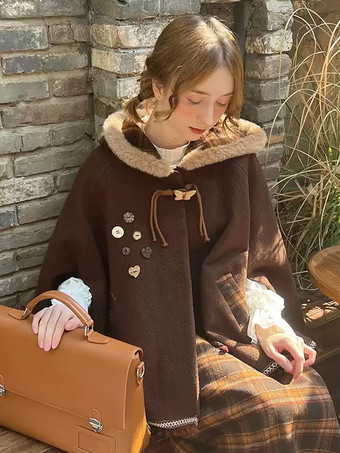 スイートロリータポンチョ ディープブラウン ポリエステル チェック柄 冬用ロリータアウター