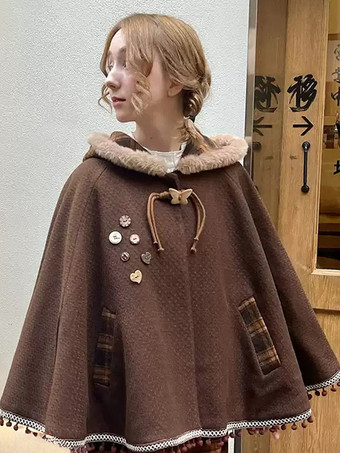 ディープブラウンスイートロリータポンチョ ディープブラウン ポリエステル チェック柄 冬用ロリータアウター
