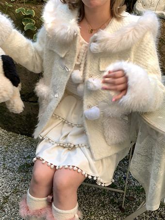 スイートロリータコート エクリュホワイトコート ポンポンオーバーコート ポリエステル 冬用ロリータアウター