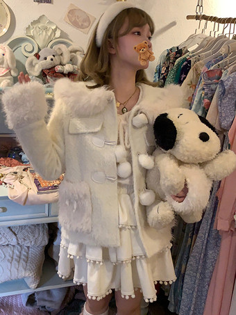 スイートロリータコート エクリュホワイトコート ポンポンオーバーコート ポリエステル 冬用ロリータアウター