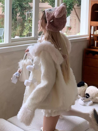 スイートロリータコート エクリュホワイトコート ポンポンオーバーコート ポリエステル 冬用ロリータアウター