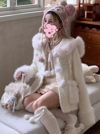 スイートロリータコート エクリュホワイトコート ポンポンオーバーコート ポリエステル 冬用ロリータアウター