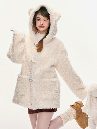 スイートロリータコート エクリュホワイトポリエステルオーバーコート 冬用ロリータアウター