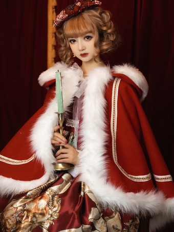 レッド ロココ風ロリータケープ ホワイトポリエステルカラーブロック 秋ロリータアウター