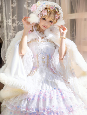 ロココ風ロリータケープ ホワイトポリエステルカラーブロック 秋ロリータアウター