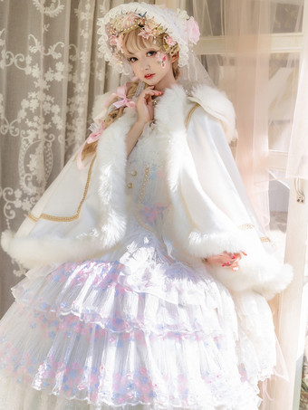 ホワイト ロココ風ロリータケープ ホワイトポリエステルカラーブロック 秋ロリータアウター