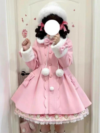 Cappotti Sweet Lolita Fiocchi rosa Pompon Poliestere Soprabito Cappotto Invernale Lolita Outwears