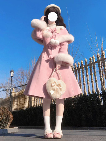 スイートロリータコート ピンクコート リボンオーバーコート ポリエステル 冬用ロリータアウター