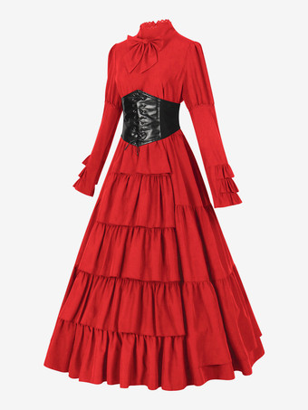 赤いレトロコスチューム リボンドレス レディース ヴィンテージセット 衣類 バーガンディ