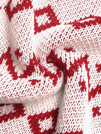 レディース プルオーバー セーター レッド 幾何学模様 ジュエルネック 長袖 アクリル セーター