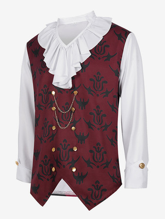 男性用ブラック ヴィンテージ トップス フリル 花柄 長袖 レトロ コスチューム バーガンディ