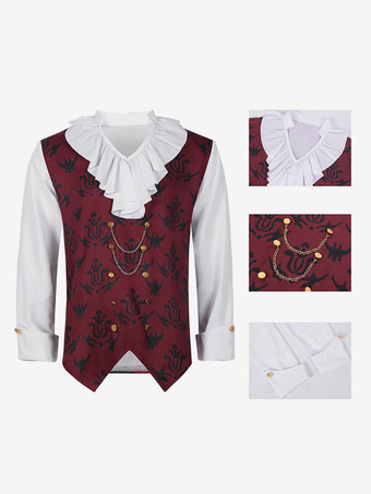 男性用ブラック ヴィンテージ トップス フリル 花柄 長袖 レトロ コスチューム バーガンディ