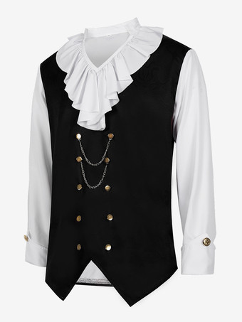 男性用ブラック ヴィンテージ トップス フリル 花柄 長袖 レトロ コスチューム バーガンディ