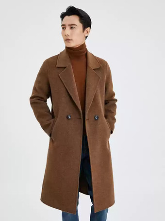 ブラウン メンズ 暖かいウールコート ターンダウンカラー ラペル シック ロング 冬ジャケット