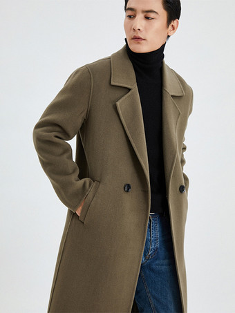 オリーブカラーメンズ 暖かいウールコート ターンダウンカラー ラペル シック ロング 冬ジャケット