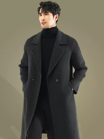 ダークグレー メンズ 暖かいウールコート ターンダウンカラー ラペル シック ロング 冬ジャケット