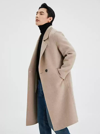 ライトブラウンメンズ 暖かいウールコート ターンダウンカラー ラペル シック ロング 冬ジャケット