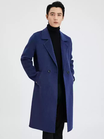 ブルー メンズ 暖かいウールコート ターンダウンカラー ラペル シック ロング 冬ジャケット