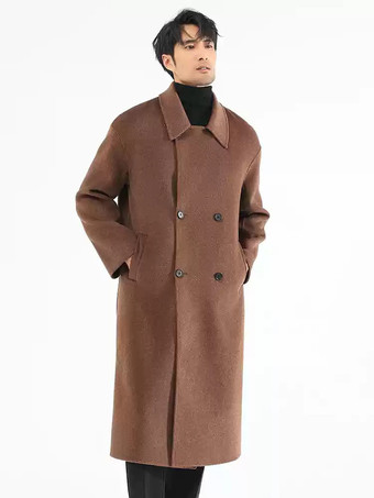 ブラウン メンズジャケット シックなラペル ターンダウンカラーコート マキシウールコート
