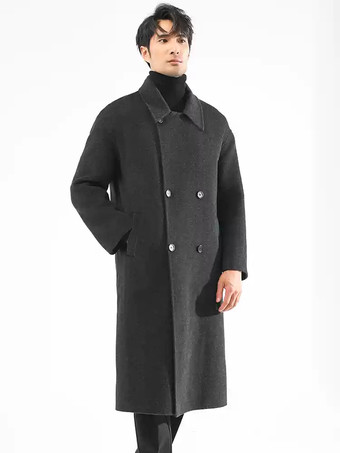 ダークグレー メンズジャケット シックなラペル ターンダウンカラーコート マキシウールコート
