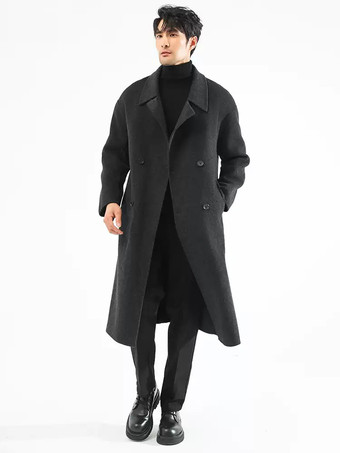 メンズジャケット シックなラペル ターンダウンカラーコート マキシウールコート