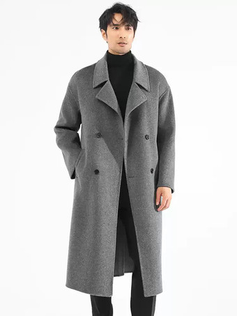 グレイメンズジャケット シックなラペル ターンダウンカラーコート マキシウールコート