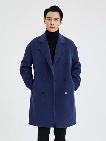ブルー メンズオーバーサイズコートターンダウンカラーラペルウールコート