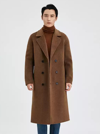 ブラウン メンズ ロングライン ウールコート ターンダウンカラー ラペル 快適 グレー ダブルブレスト コート