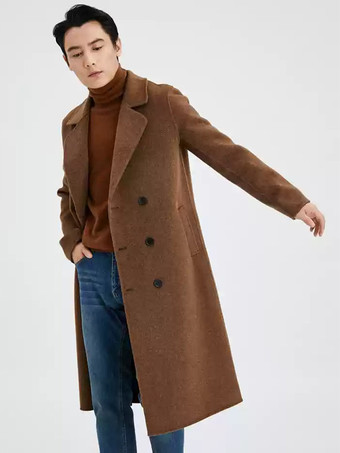 メンズ ロングライン ウールコート ターンダウンカラー ラペル 快適 グレー ダブルブレスト コート