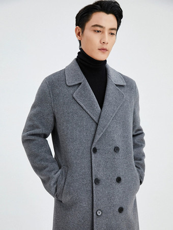 メンズ ロングライン ウールコート ターンダウンカラー ラペル 快適 グレー ダブルブレスト コート