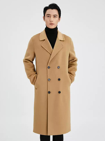 ラクダ色 メンズ ロングライン ウールコート ターンダウンカラー ラペル 快適 グレー ダブルブレスト コート