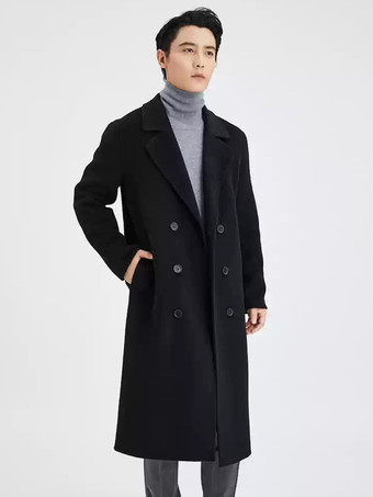 ブラック メンズ ロングライン ウールコート ターンダウンカラー ラペル 快適 グレー ダブルブレスト コート