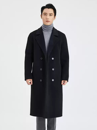メンズ ロングライン ウールコート ターンダウンカラー ラペル 快適 グレー ダブルブレスト コート
