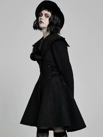 ゴシックロリータコート ブラック ポンポン ポリエステル オーバーコート 冬用ロリータアウター