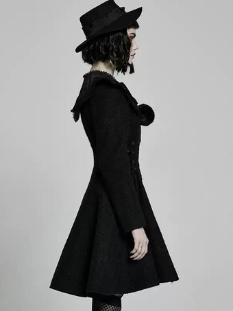 ゴシックロリータコート ブラック ポンポン ポリエステル オーバーコート 冬用ロリータアウター