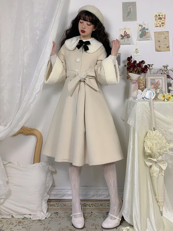 アイボリー スイートロリータコート エクリュホワイトリボンポリエステルオーバーコート 秋ロリータアウター