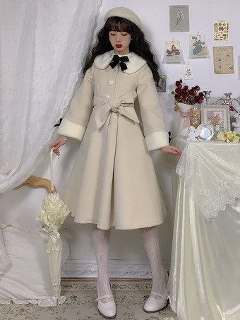 スイートロリータコート エクリュホワイトリボンポリエステルオーバーコート 秋ロリータアウター