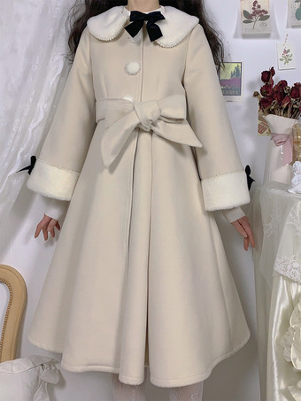 スイートロリータコート エクリュホワイトリボンポリエステルオーバーコート 秋ロリータアウター