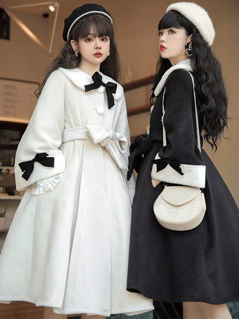 ブラック スイートロリータコート エクリュホワイトリボンポリエステルオーバーコート 秋ロリータアウター