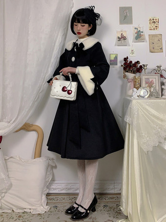 スイートロリータコート エクリュホワイトリボンポリエステルオーバーコート 秋ロリータアウター