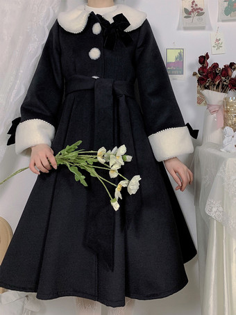 スイートロリータコート エクリュホワイトリボンポリエステルオーバーコート 秋ロリータアウター