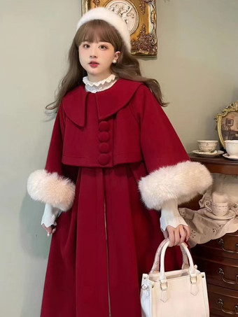 ワインレッド スイートロリータコート バーガンディコート オーバーコート ポリエステル 秋ロリータアウター