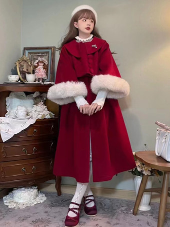 スイートロリータコート バーガンディコート オーバーコート ポリエステル 秋ロリータアウター