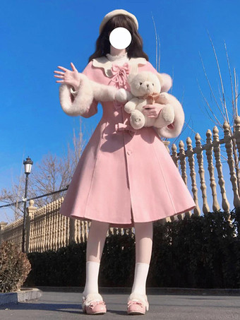 スイートロリータコート ピンクコート リボンオーバーコート ポリエステル 冬用ロリータアウター