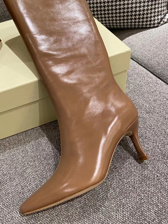 カーキ エクリュ ホワイト ミッドカーフブーツ レディース ポインテッドトゥ スティレットヒールブーツ