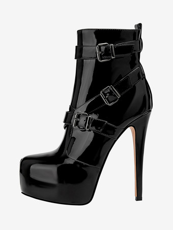 ブラック レディース ブラック セクシーブーツ プラットフォーム ポインテッドトゥ バックルディテール アンクルブーツ