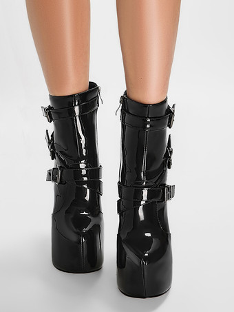 レディース ブラック セクシーブーツ プラットフォーム ポインテッドトゥ バックルディテール アンクルブーツ