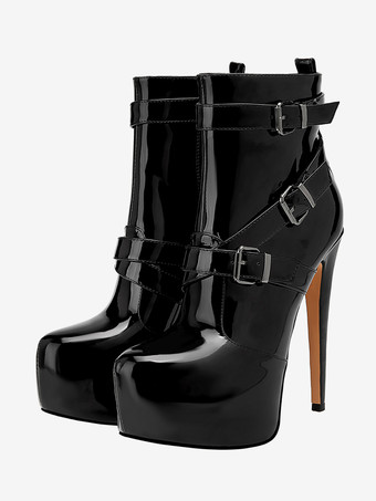 レディース ブラック セクシーブーツ プラットフォーム ポインテッドトゥ バックルディテール アンクルブーツ
